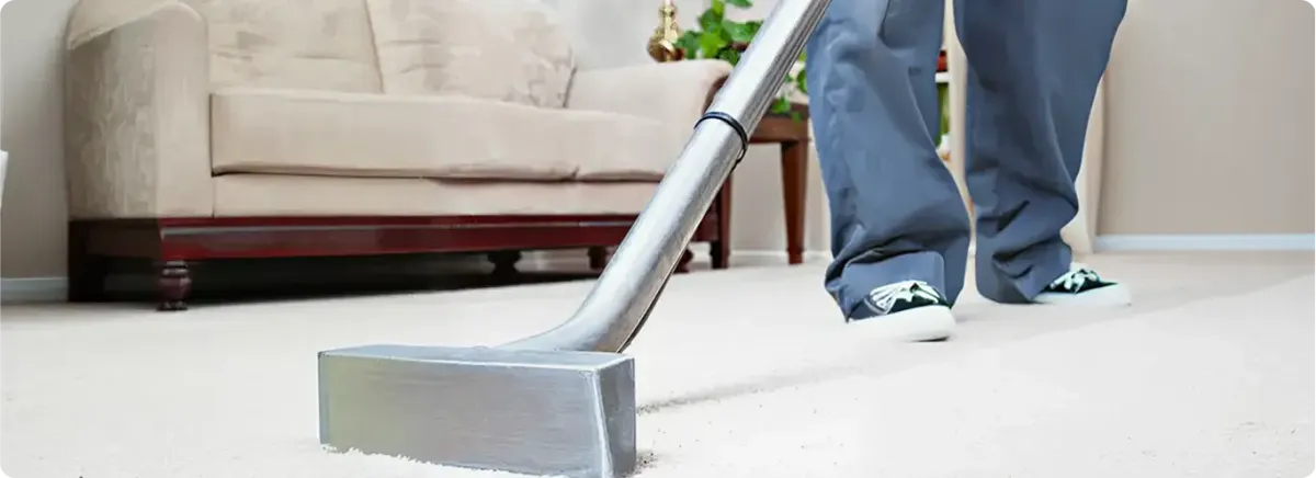Carpet cleaning technician using a hot-water extraction wand on a light-colored carpet in a living room, Saint Louis, MO.